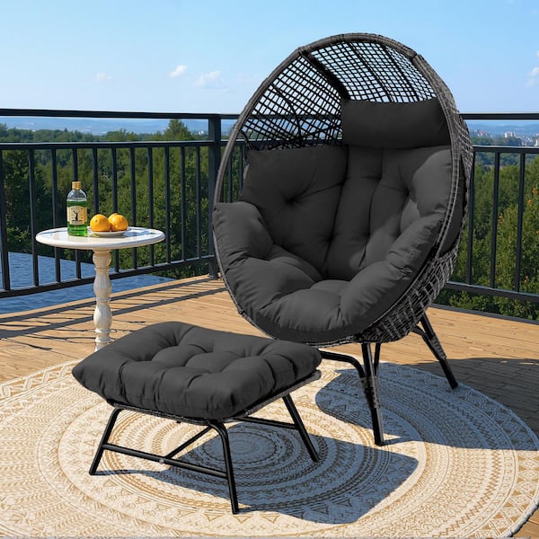 Unbranded PE Wicker Indoor Outdoor Lounge Egg Chair with Gray Cushion and Ottoman