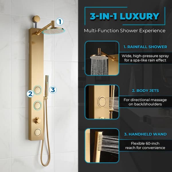 ANZZI 43 in. 3-Jetted Shower Panel Tower in Gold with Heavy Rain
