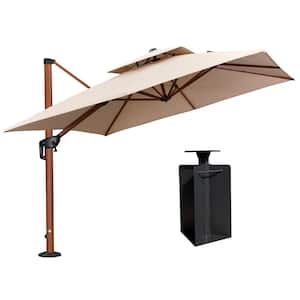 9 ft. Square High-Quality Wood Pattern Aluminum Cantilever Polyester Patio Umbrella with Base in Ground, Beige