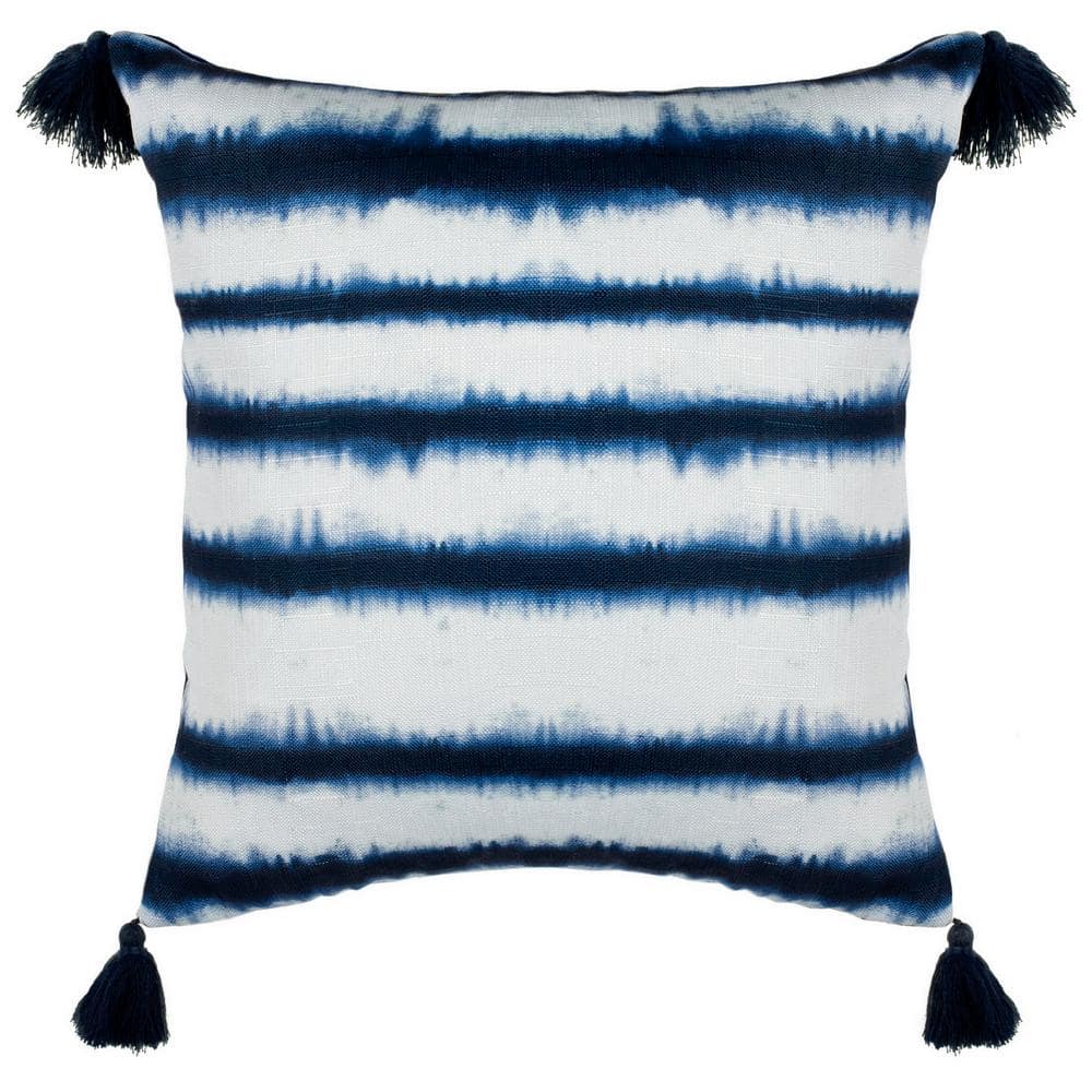 Cassia 16" Square Black and Blue Polyester Pillow with Tassels