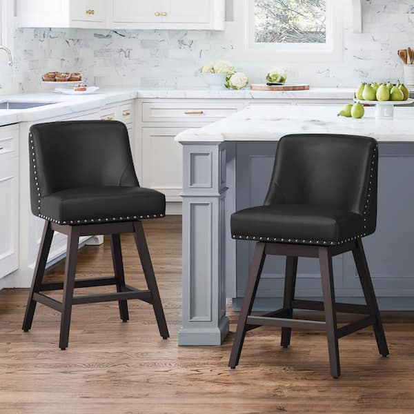 OrangeOne Hampton 26 in. Solid Wood Black Swivel Bar Stools with Back Faux Leather Upholstered Counter Bar stool Set of 2