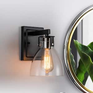 1-Light Black Wall Sconce with Clear Dome Glass Shade