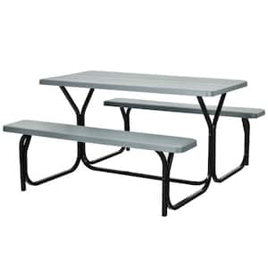 54 in. W Gray Rectangle High-Density Polyethylene All Weather Outdoor Picnic Table Bench Set with Metal Base Wood