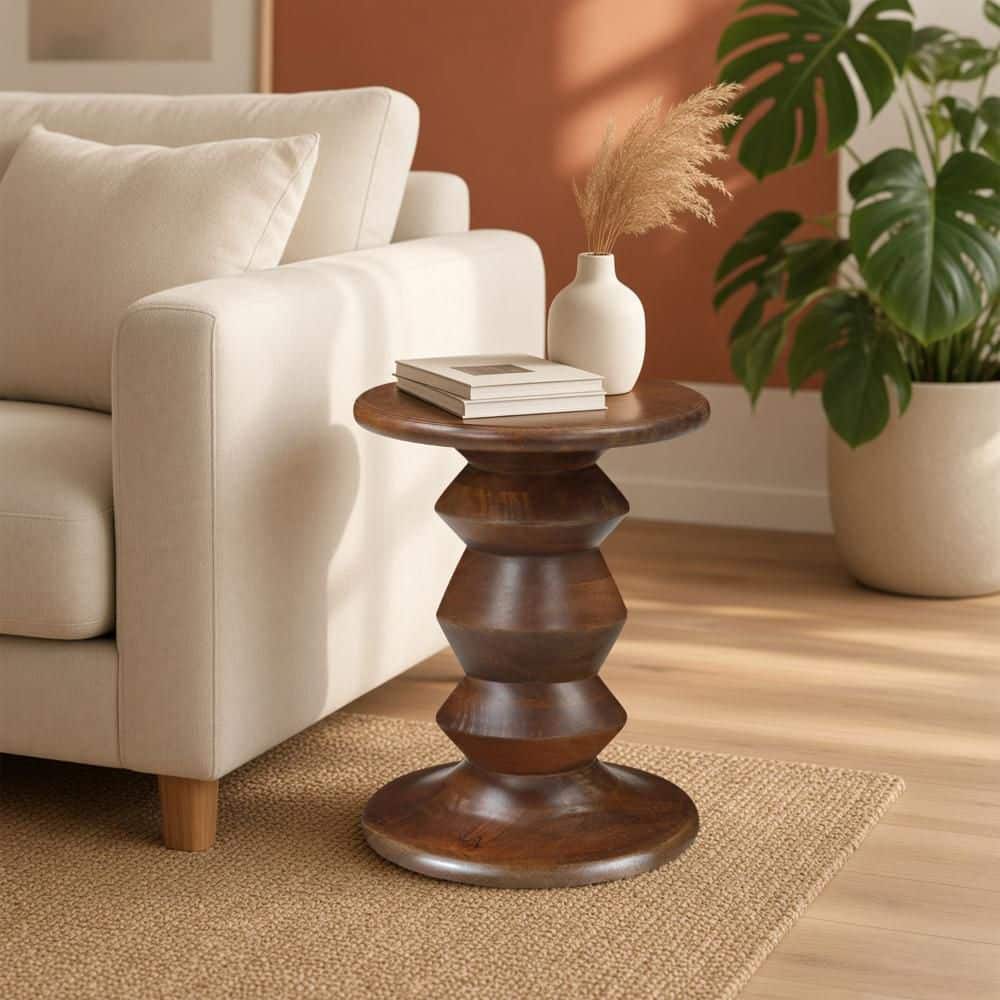 Jie 14 in. Walnut Brown Round Wood Side End Table with Sculpted Pedestal Base