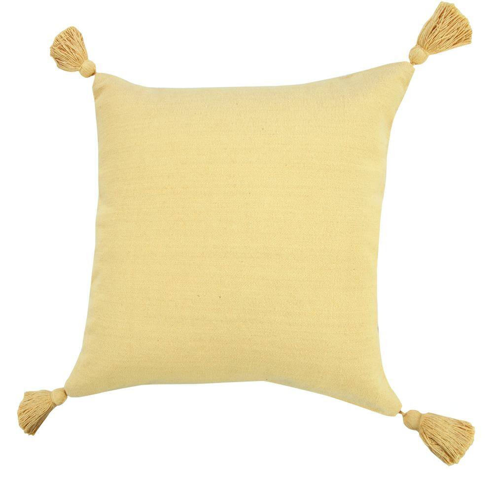 Yellow Cotton Square Throw Pillow with Tassels
