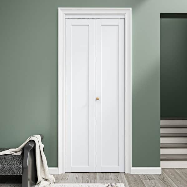30 in. x 80 in. 1-Lite Solid Core Panel White Primed Composite MDF Interior Closet Bi-Fold Door with Hardware Kit