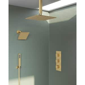 ZenithRain 5-Spray Square High Pressure with Dual Rainfall Showerheads Thermostatic Valve Included in Brushed Gold