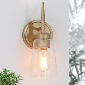 Modern Gold Wall Sconce, 1-Light Bathroom Bell Wall Light with Clear Cylinder Glass Shade for Kitchen and Foyer