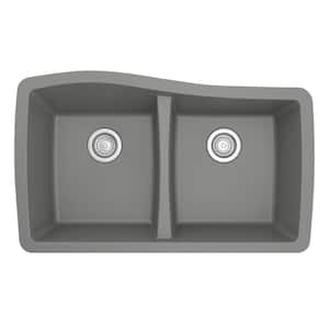 Undermount Quartz Composite 33 in. 50/50 Double Bowl Kitchen Sink in Grey