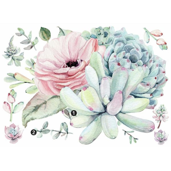 RoomMates Watercolor Floral Succulents Peel and Stick Giant Wall Decals