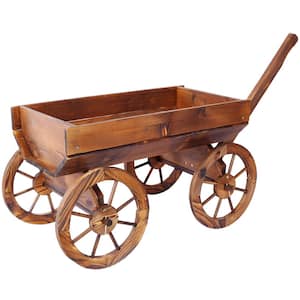 Brown Wood Wagon Flower Planter Pot Stand with Wheels Home Garden Outdoor Decor