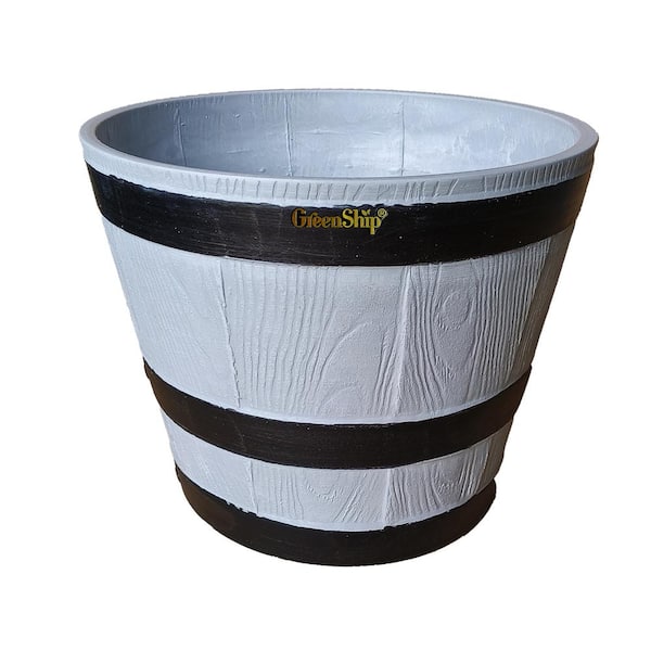 GreenShip Barrel 15.2 in. W x 11.8 in. H Light Grey Indoor/Outdoor Resin Decorative Planter 1-Pack