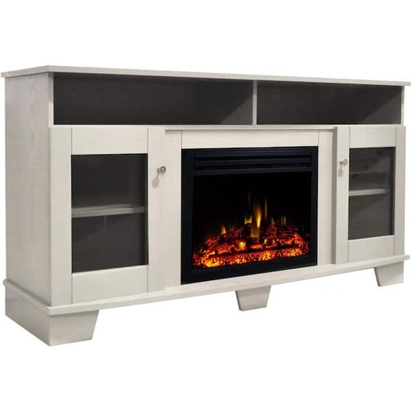 Cambridge Savona 59 in. Electric Fireplace Heater TV Stand in White with Enhanced Log Display and Remote