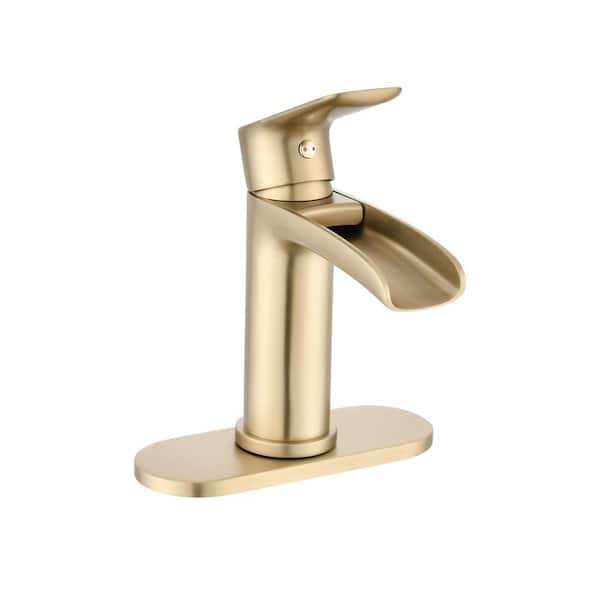 Pdpbath Single Handle Single Hole Bathroom Faucet with Deckplate Included and Drain Kit in Brushed Golden