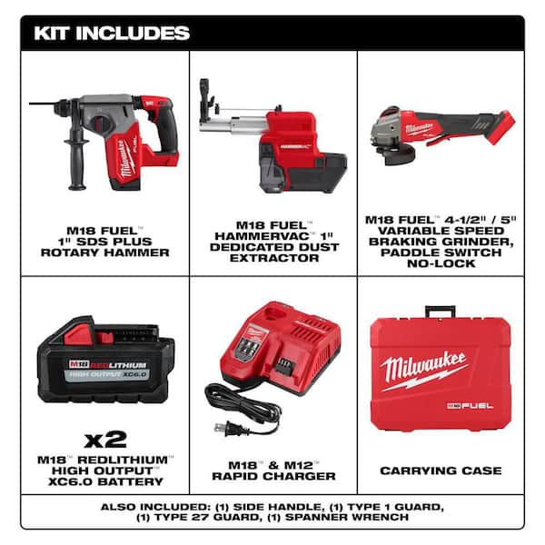 M18 FUEL 18V Lithium-Ion Brushless 1 in. Cordless SDS-Plus Rotary Hammer, Two 6.0 Ah Batteries & Grinder