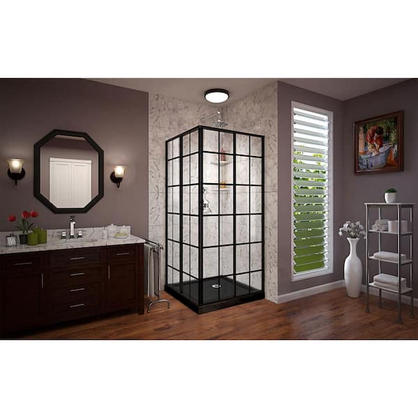 French Corner 42 in. x 72 in. Semi-Frameless Sliding Shower Door in Satin Black with 42 in. x 42 in. Base in Black