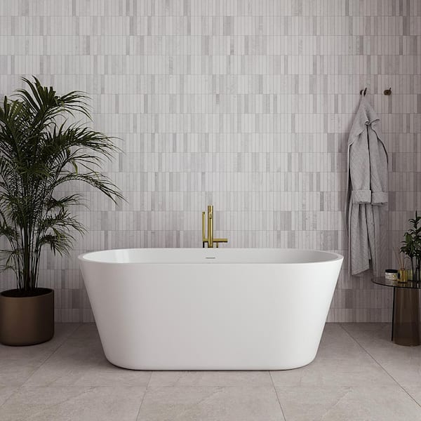 Streamline 59 in. x 30 in. Acrylic Freestanding Soaking Bathtub in Glossy White with Polished Gold Drain