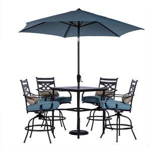 Montclair 5-Piece Steel Outdoor Dining Set with Ocean Blue Cushions, 4 Swivel Chairs, 33 in. Table and Umbrella