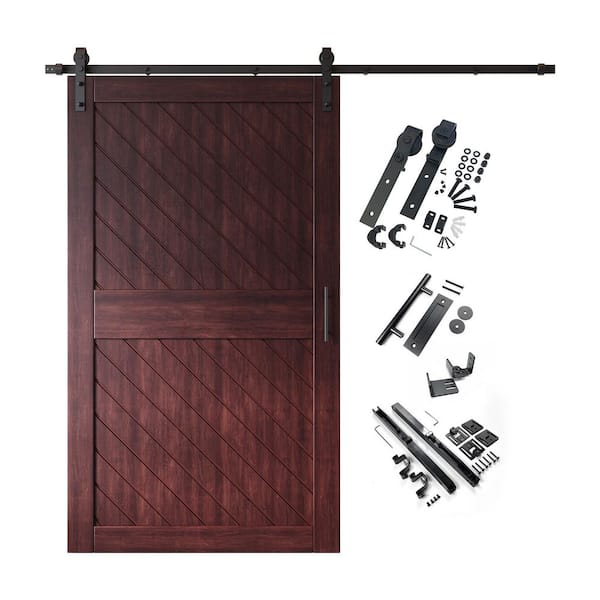 HOMACER XT2 50 in. x 84 in. C-Panel Red Mahogany Slanted Stripe Design Solid Pine Wood Sliding Barn Door with Hardware Kit