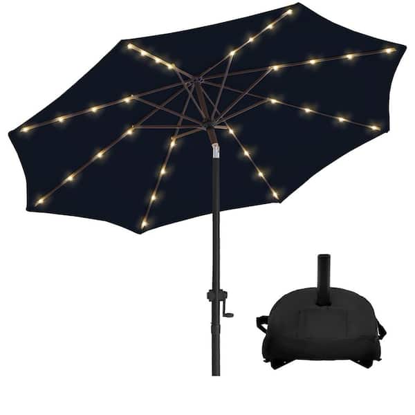 PASAMIC 9 ft. Solar LED Lighted Market Patio Umbrella with Base and Push Button Tilt in Navy Blue