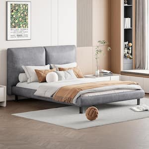 Gray Wood Frame Queen Polyester Upholstered Platform Bed with 2 Large Headrests, Mattress Embedded Design, Support Legs