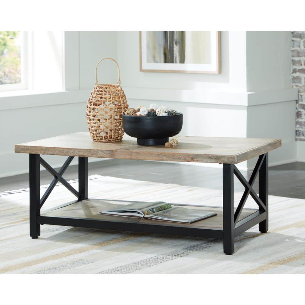 Transitional Rectangular Wood and Metal Coffee Table, Black/Brown