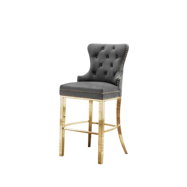 Best Quality Furniture Ashley 29in. H Dark Gray Velvet Upholstered Full Back Metal Frame Barstool with Gold Stainless Steet Legs (Set of 2)