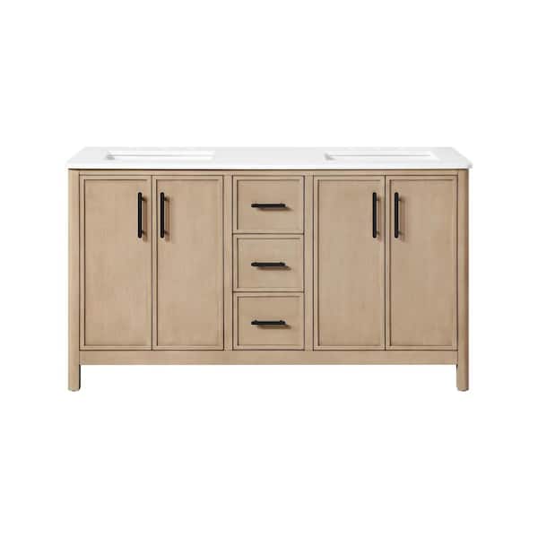 Solas 60 in. Double Sink Freestanding Sahara Birch Bath Vanity with White Engineered Stone Top