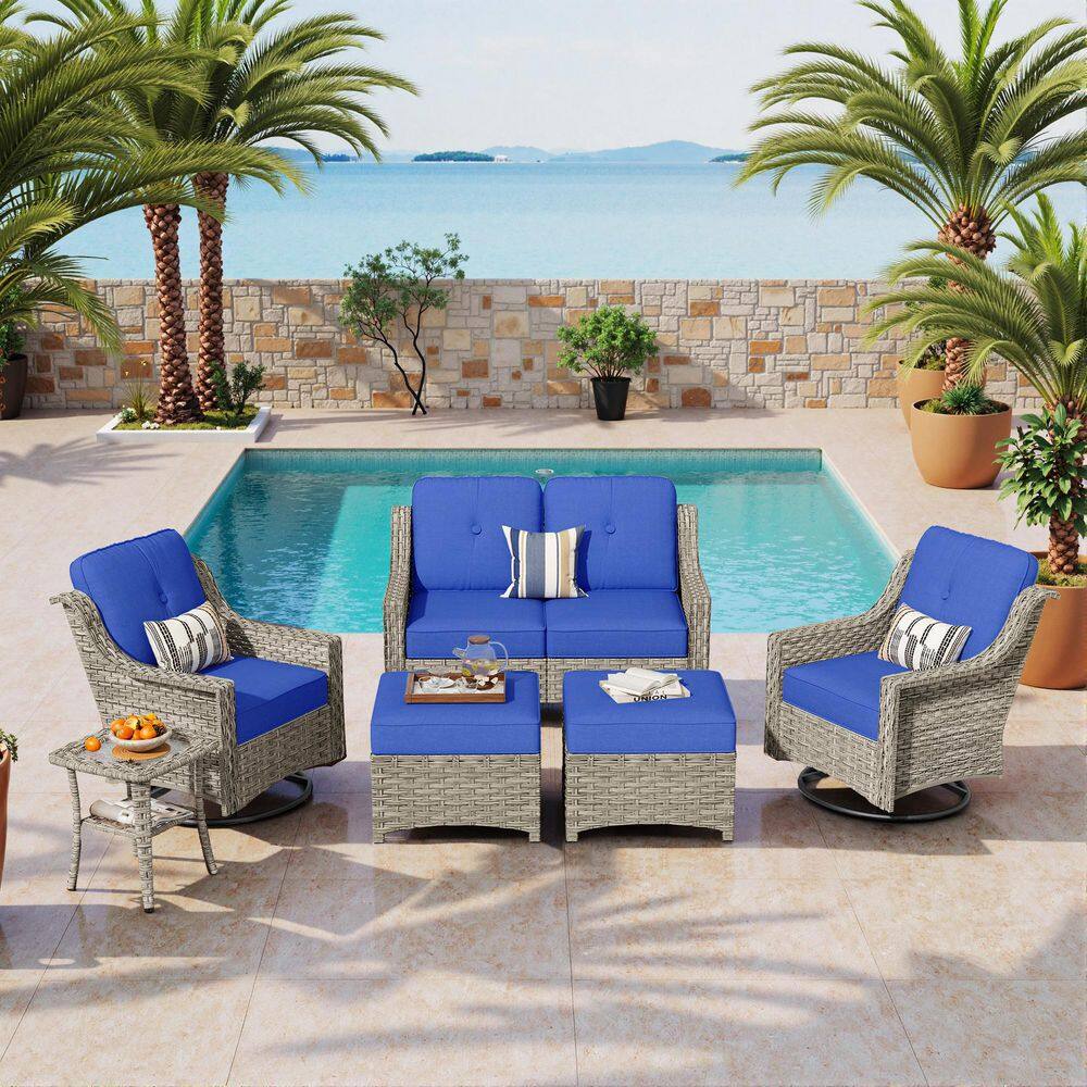 Heliora Gray Wicker Patio Loveseat Set Outdoor Lounge Swivel Chair with Navy Blue Cushion, Ottoman and Side Table price history on PriceWatchPro