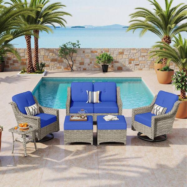 Heliora Gray Wicker Patio Loveseat Set Outdoor Lounge Swivel Chair with Navy Blue Cushion, Ottoman and Side Table