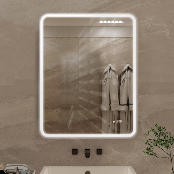 WELLFOR 28 in. W x 36 in. H Rectangular Framed Dimmable Anti-Fog LED Wall Bathroom Vanity Mirror in Matte White, Lighted Mirror