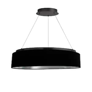 Circulo 1-Light Dimmable Integrated LED Matte Black Shaded Chandelier with Black/Silver Fabric Shade