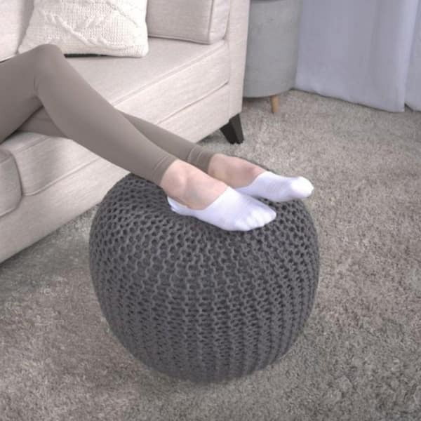 Bordeaux Knitted Cotton Round Pouf Ottoman, Gray, 20 in. x 20 in. x 13 in.