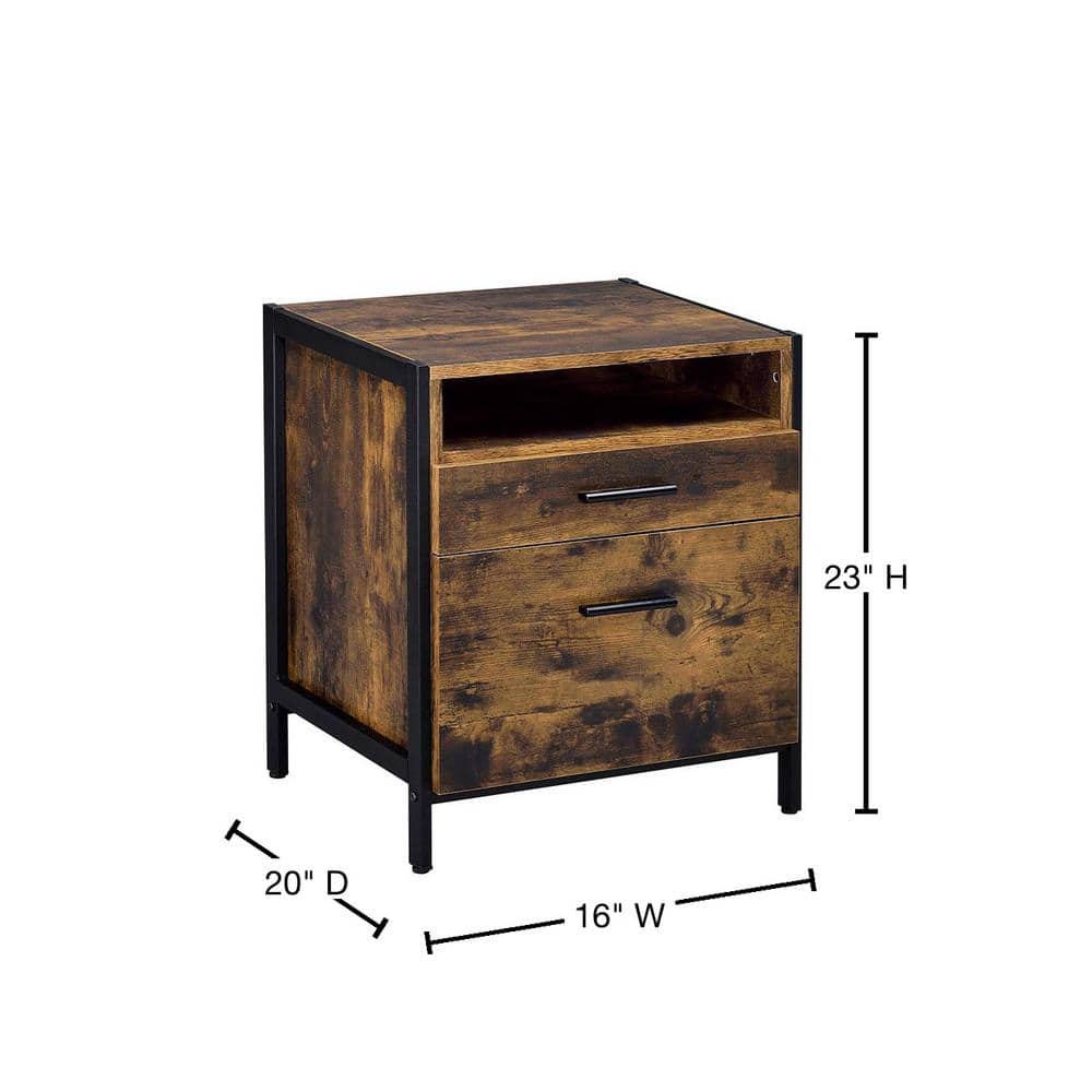 Rustic Oak and Black 2-Drawer Industrial Nightstand
