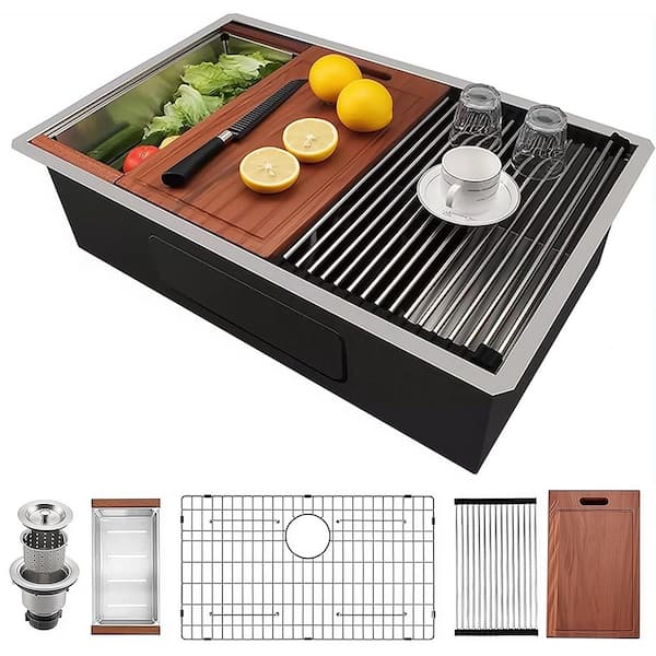 Loile 33 in. Undermount Single Bowl 18 Gauge Brushed Chrome Stainless Steel Kitchen Sink with Bottom Grids and Colander