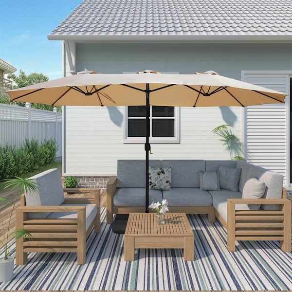 15ft patio market umbrella with base and solar light OVIOS 15ft Solar Patio Umbrella with APP