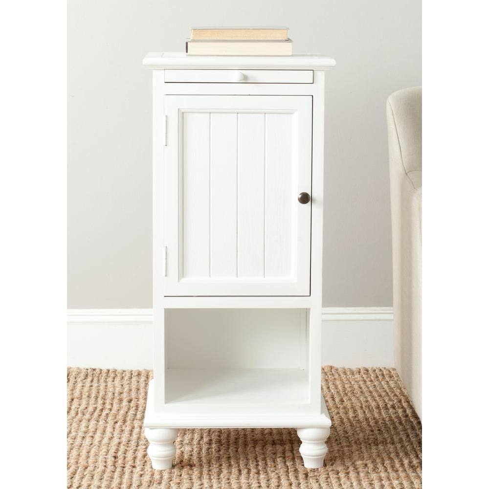 Transitional White Wood End Table with Storage and Pull-Out Tray