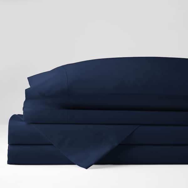The Company Store Company Cotton 4-Piece Navy Solid 300-Thread Count Cotton Percale Queen Sheet Set