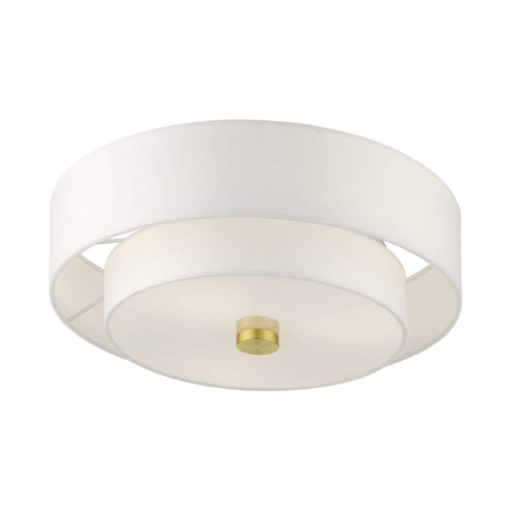 Satin Brass Modern 3-Light Semi-Flush Drum Light with Off-White Shade