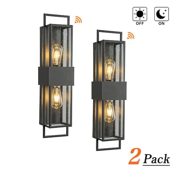 H26 in. 2-Light Modern Outdoor Wall Light with Dusk to Dawn Sensor Exterior Lantern with Seeded Glass (2-Pack)