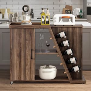Brown Wood Kitchen Cart on Wheels with Adjustable Shelf and 5 Wine Holders