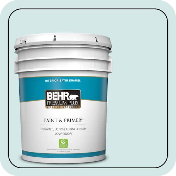 BEHR PREMIUM PLUS 5 gal. #T14-5 Sky Blue Satin Enamel Low Odor Interior Paint & Primer