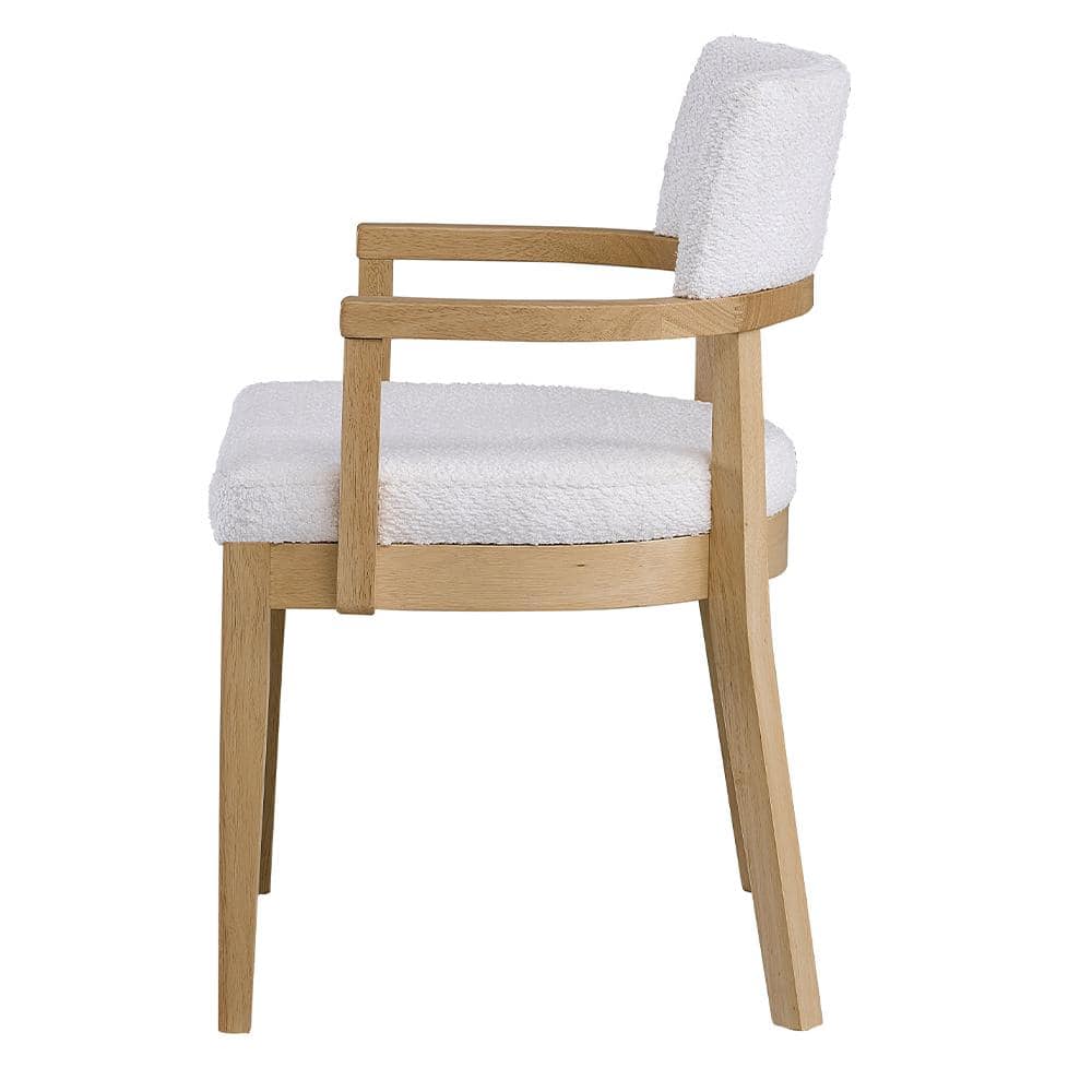 White Upholstered Oak Wood Side Chair with Curved Armrest