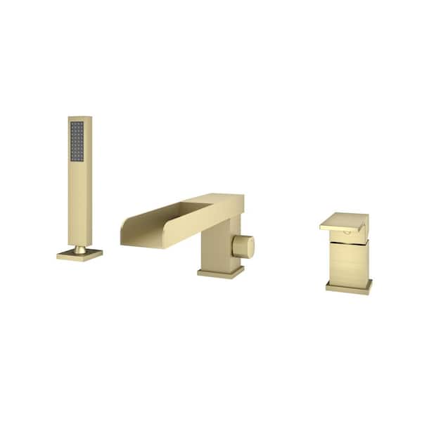 Pressure Balanced Single-Handle Deck-Mount Waterfall Roman Tub Faucet with Hand Shower in. Brushed Gold