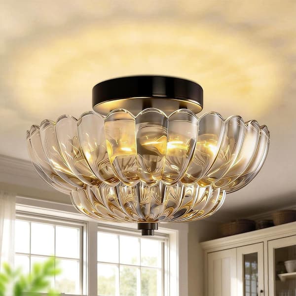 12 in. 3-Light Black Semi Flush Mount Ceiling Light with Amber Glass Shades for Bedroom, Living Room, Hallway, Ent