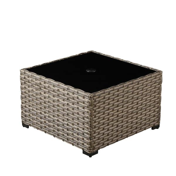 OculusP Square Wicker Outdoor Patio Coffee Table with Tempered-Glass Top and Umbrella Hole