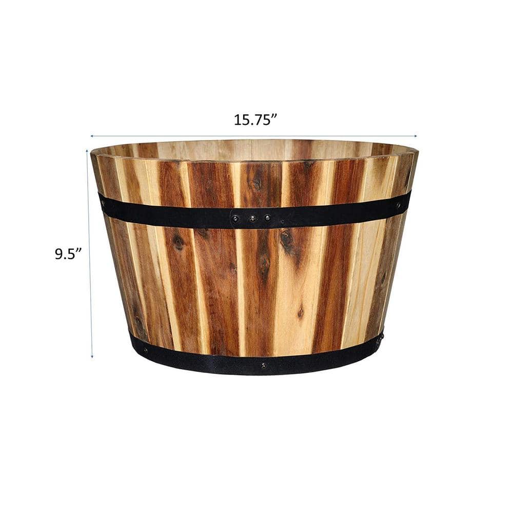 16-Inch Acacia Wood Whiskey Barrel Planter with Black Metal Bands