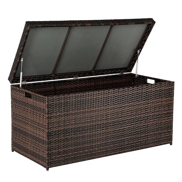 132 Gallon Outdoor Storage Box, Patio Rattan Deck Box, Wicker Storage Box, Brown