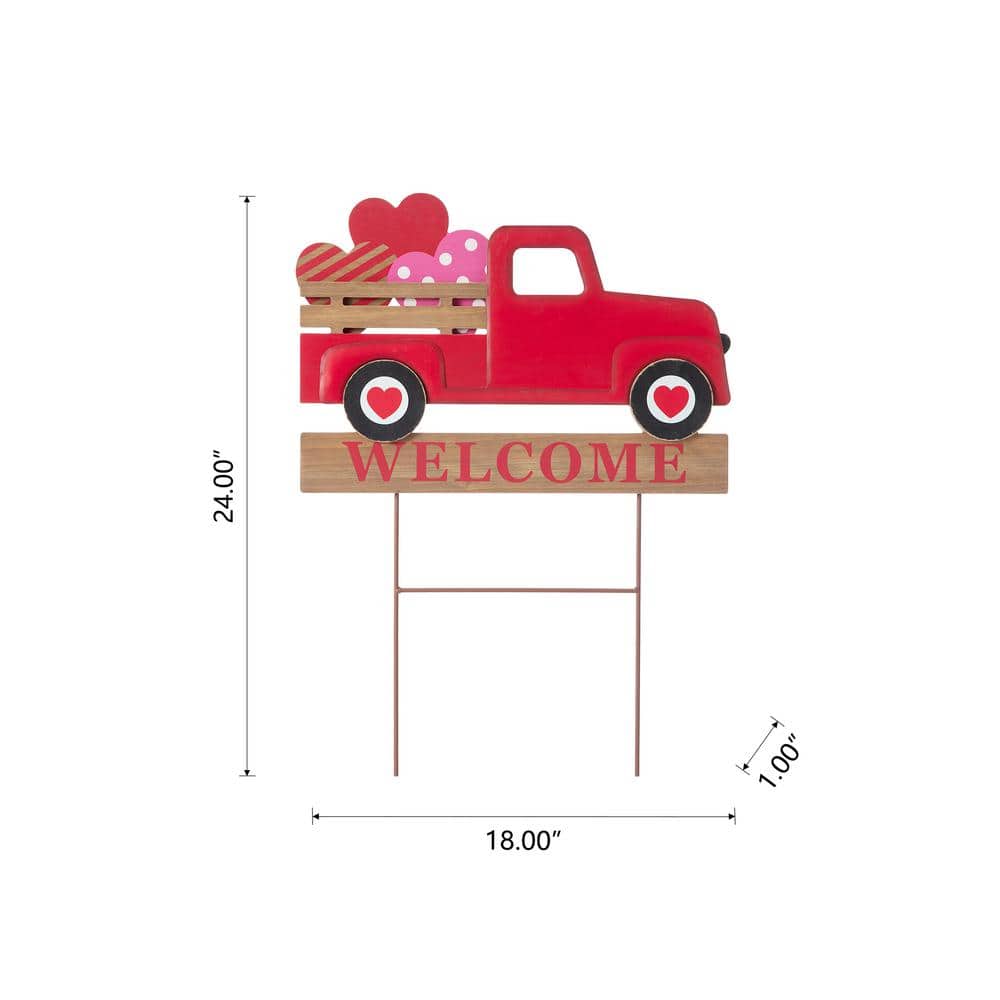 Red Metal and Wooden Valentine's Truck Yard Stake with Hearts
