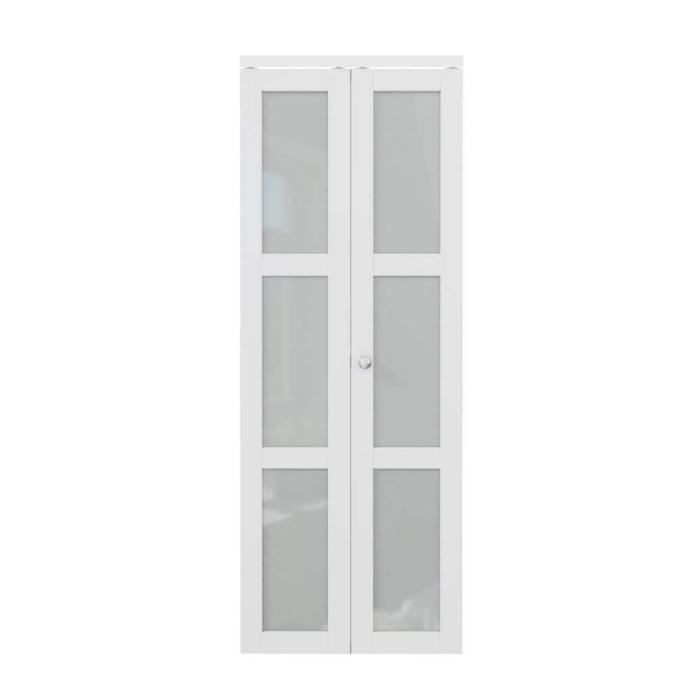 32 in. x 80 in. 3-Lite Tempered Frosted Glass Solid Core White Finished Glass Closet Bi-Fold Door with Hardware price history on PriceWatchPro